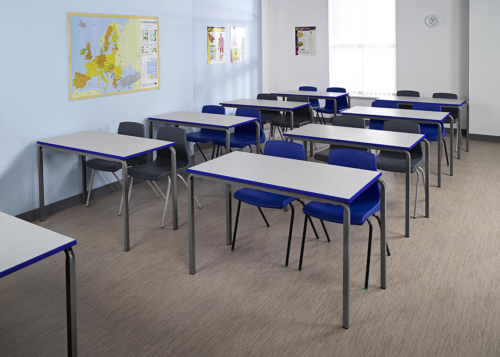 Classroom with White Tables & Blue Chairs