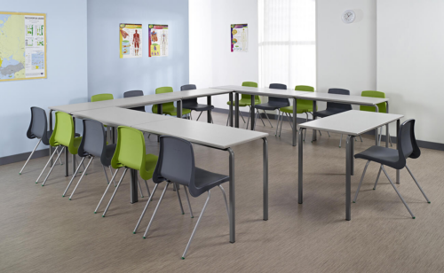 Classroom with Grey Tables & Green & Grey Chairs