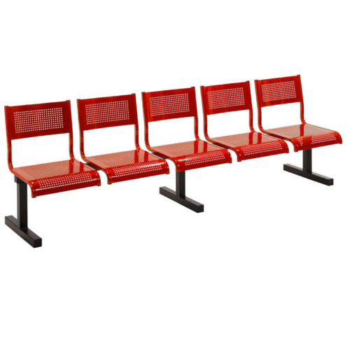 5 Seater Metal Beam Seating Unit with Red Seats Black Frame