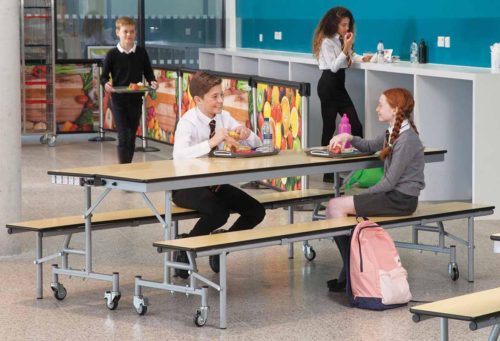 Children sitting at Spaceright Fast Fold Bench Unit