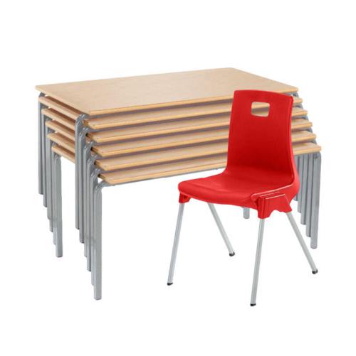 Red ST Chair with 6 Stacked Crush Bent Tables