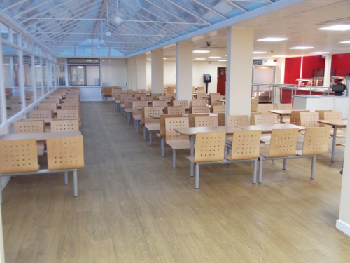 Wooden Fast Food Canteen Seating Units Install