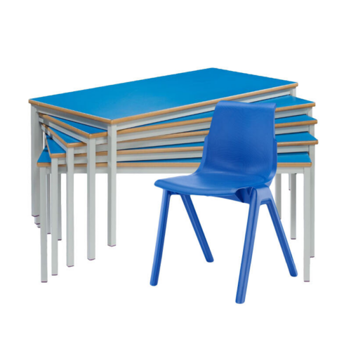 Blue Ergostak Chair with 5 Stacked Fully Welded Tables