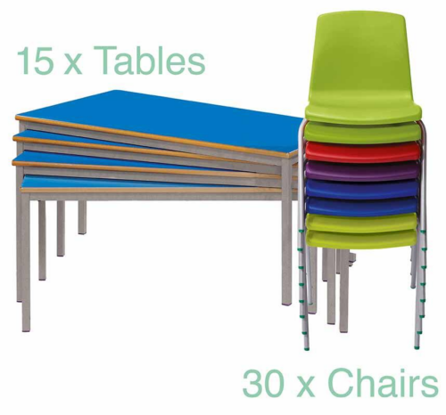 Stack of Blue Classroom Tables & NP Chairs