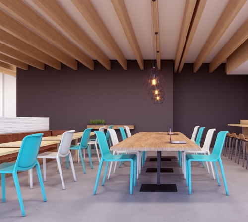 Canteen with Aqua Blue and White KI Hatton Chairs at wooden table