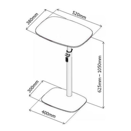 Diagram showing dimensions of Height Adjustable Laptop Table