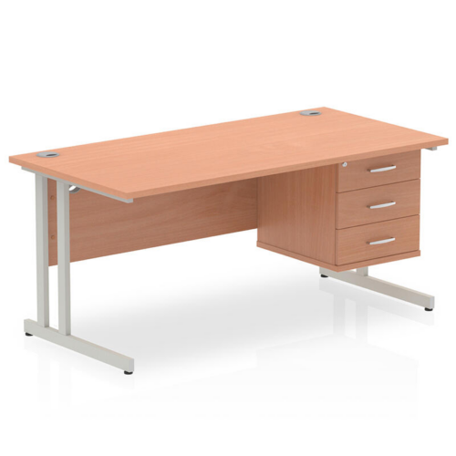 Beech Henley Silver Cantilever Desk with Three Drawer Fixed Pedestal