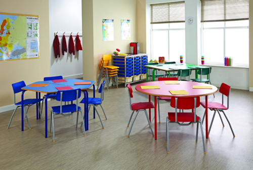 Blue and red Metalliform Nursery Tables with chairs