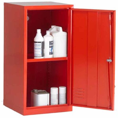 Open Red Pesticide Storage Cabinet