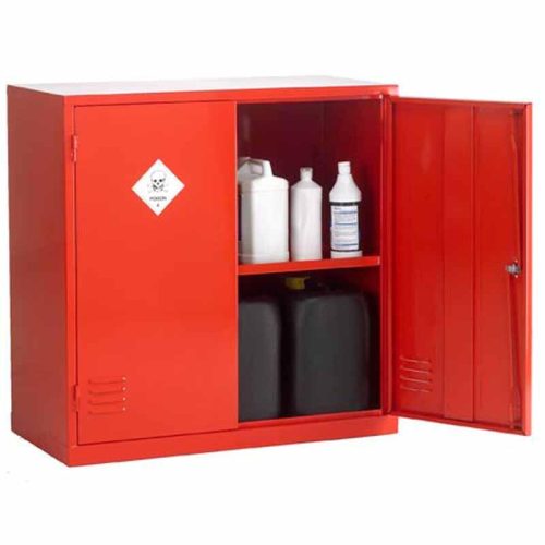 Open Red Pesticide Storage Cabinet