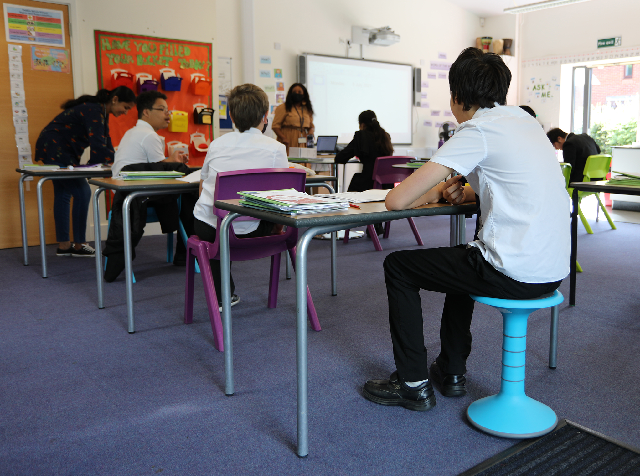 Children sitting on Ricochet Stool & Postura in classroom