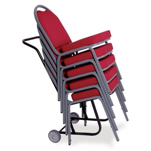 5 Red Chairs Stacked on Banquet Chair Trolley