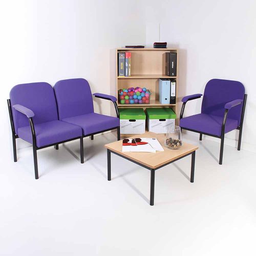 3 x Purple Heavy Duty Reception Chairs with a small table and bookcase